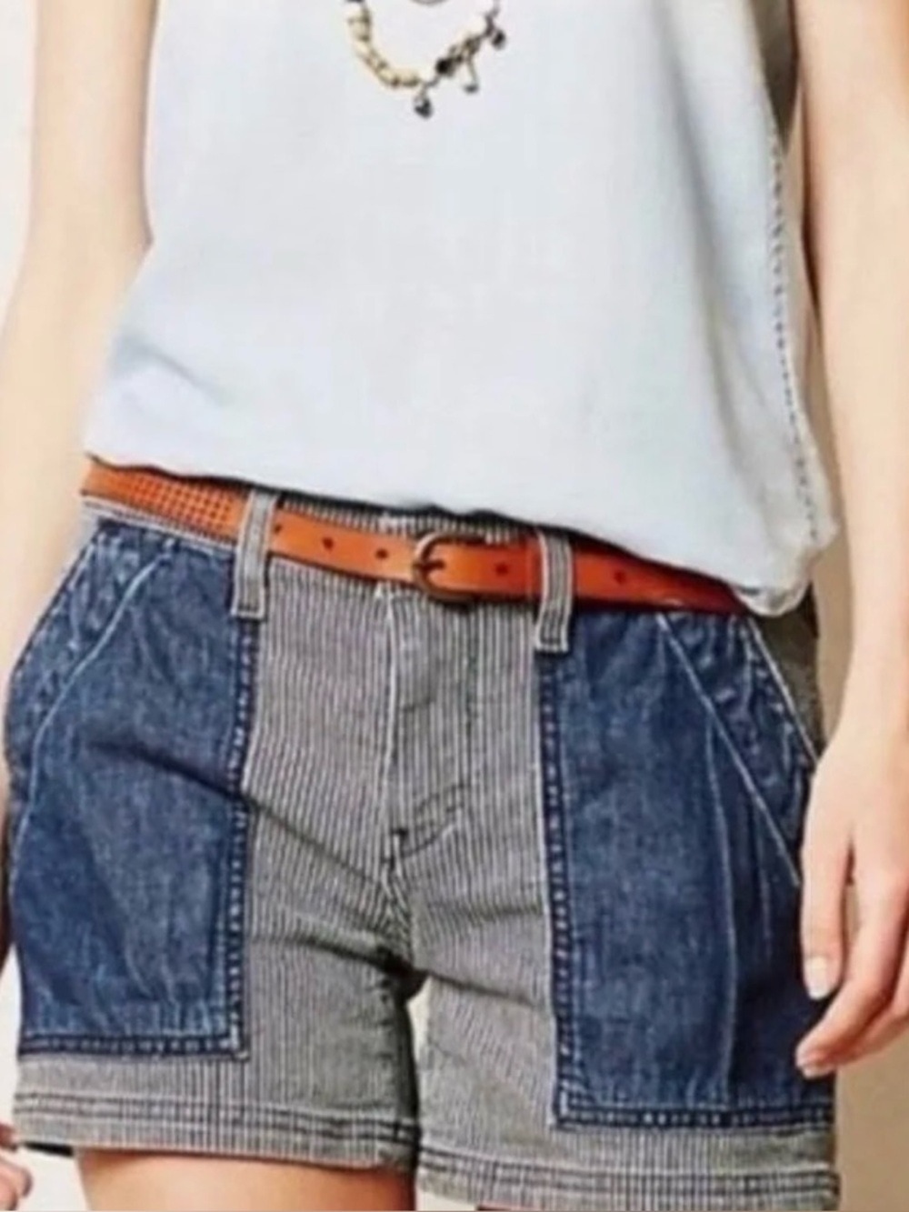NWOT-Anthropologie Two-Tone Railroad-Striped Denim Shorts - Blue & Brown